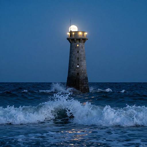 Photograph of a stone lighthouse with a glowing light, standing tall in turbulent ocean waves under a deep blue twilight sky.