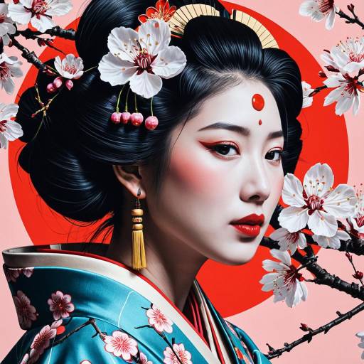 Japanese Geisha with Cherry Blossoms