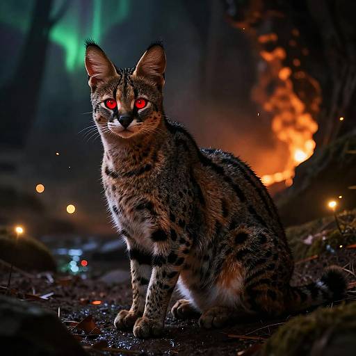 Feral Serval with Glowing Red Eyes in Dark Cave