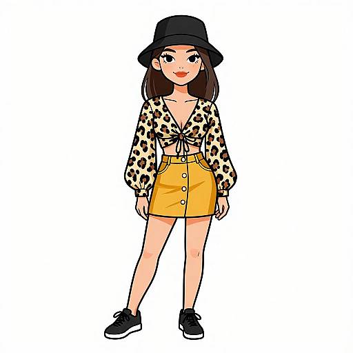 Digital illustration of a young woman with fair skin, wearing a black bucket hat, leopard print blouse, yellow button-up skirt, and black sneakers, standing