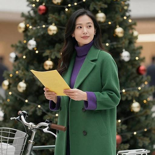 Asian Woman Holding Letter by Christmas Tree