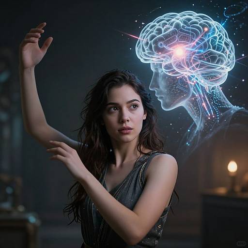 Photograph-style CGI of a young woman with dark, wavy hair, wearing a dark sleeveless dress, raising her arm as a glowing blue brain