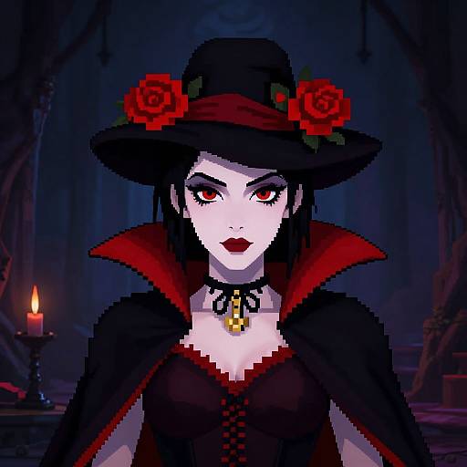 Pixel art of a pale-skinned woman with red eyes, black hair, red roses hat, black dress with red collar, black choker, and