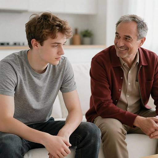 Two Men on a Couch in Modern Kitchen