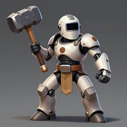 CGI image of a white, armored robot with a black visor, holding a large, gray hammer with a wooden handle, wearing a brown belt
