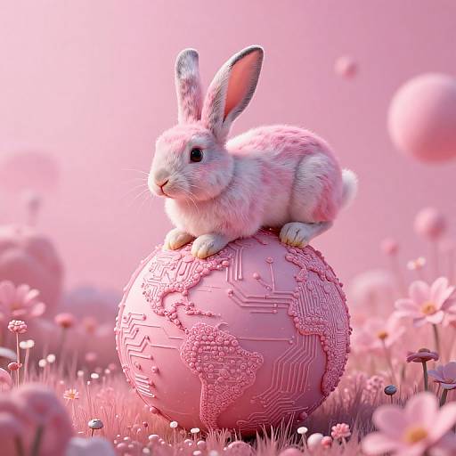 Digital artwork of a pink bunny with white and grey fur, perched on a pink, patterned sphere in a pink, futuristic field with floating flowers