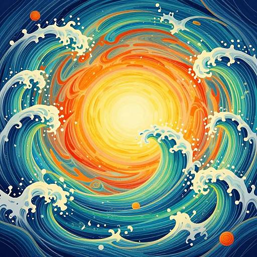 Vibrant digital art of a swirling sun surrounded by dynamic ocean waves, with white splashes and orange sunspots, creating a vivid, energetic pattern
