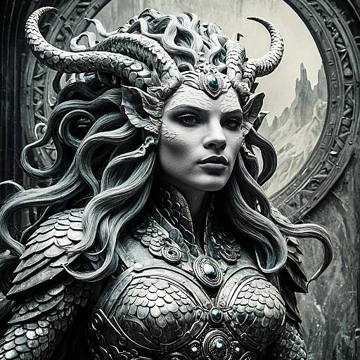 Mystical Gorgon with Horned Headdress and Scaled Armor