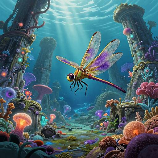 Vibrant underwater fantasy scene: colorful jellyfish, glowing mushrooms, and a large, purple and yellow dragonfly-like insect hovering above ruins.