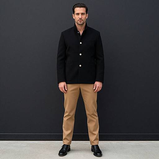 Photograph of a handsome man with short dark hair and light beard, wearing a black button-up jacket, beige pants, and black shoes, standing against