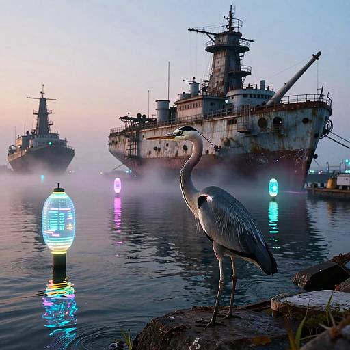 Biomechanical Heron in Neon Skyship Harbor