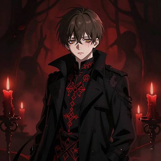 Digital anime-style drawing of a pale, dark-haired young man with red eyes, wearing a black, ornate coat, surrounded by red candles in a