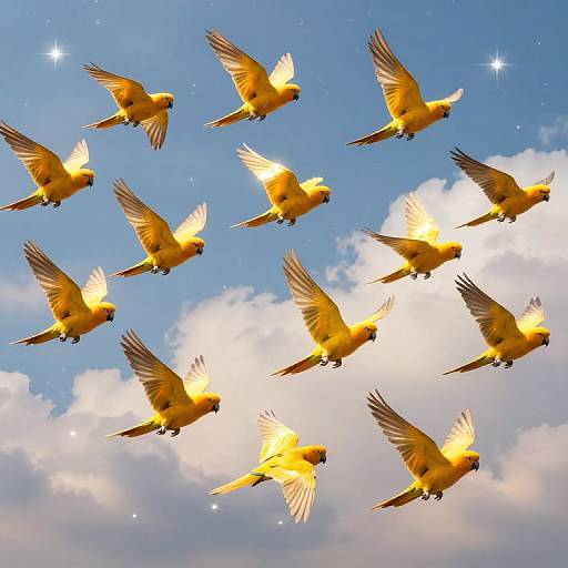 Radiant Golden Parrots in Dreamy Sky
