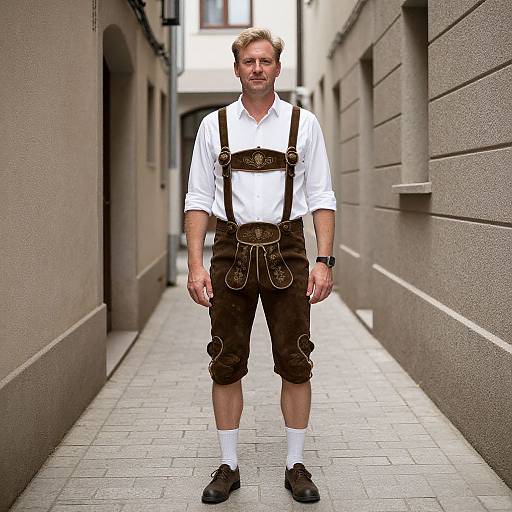 Photograph of a man with blonde hair, fair skin, wearing a white shirt, brown leather suspenders, knee-length brown pants, white socks,