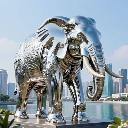 Photograph of a shiny, silver, intricately patterned elephant statue with white tusks, standing on a plaza with a cityscape and water background