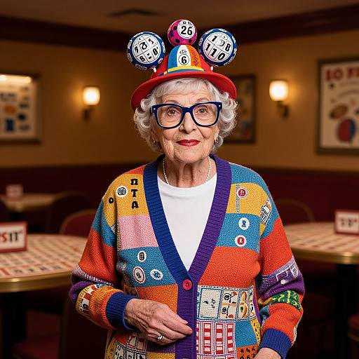 Photograph of an elderly woman with white hair, wearing a colorful patchwork cardigan, red hat with numbered buttons, and black glasses, standing in
