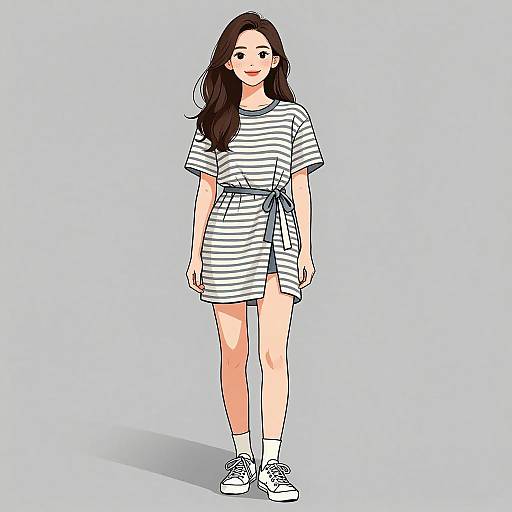 Digital illustration of a young woman with long dark brown hair, wearing a white and black striped short-sleeve dress, tied at the waist, white