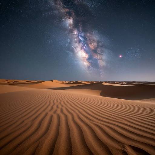 Photograph of a starry Milky Way over rippled sand dunes at night, showcasing deep blue sky and glowing celestial bodies.