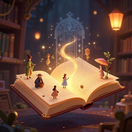 Whimsical illustration of a floating, glowing open book in a library, featuring fairy-tale characters, magical symbols, and a radiant, curling