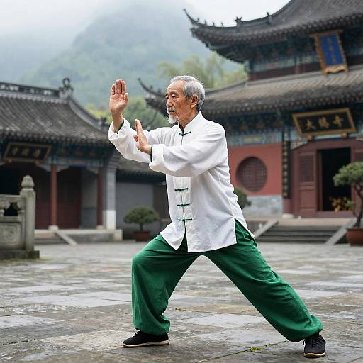 Elderly Tai Chi Master Practicing in Temple Courtyard