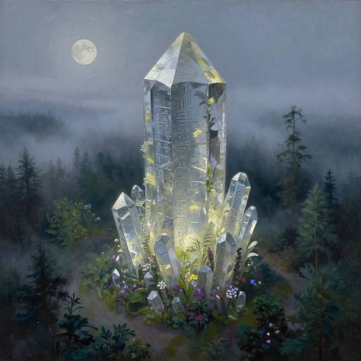 Digital painting of a glowing, crystalline tower with intricate carvings, surrounded by misty forest, moonlit night, and vibrant flowers.