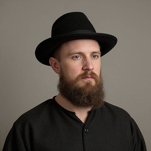 Photograph of a bearded Caucasian man with fair skin, wearing a black hat and black shirt, gazing slightly to the right.