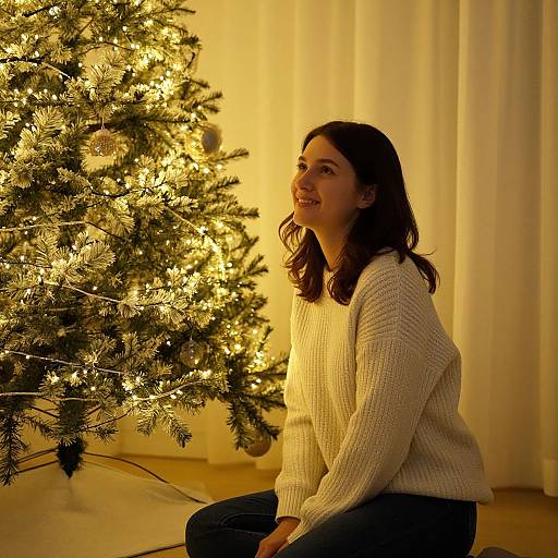 Photograph of a smiling woman with dark hair, wearing a white knit sweater, kneeling beside a lit Christmas tree in a warmly lit room with white curtains