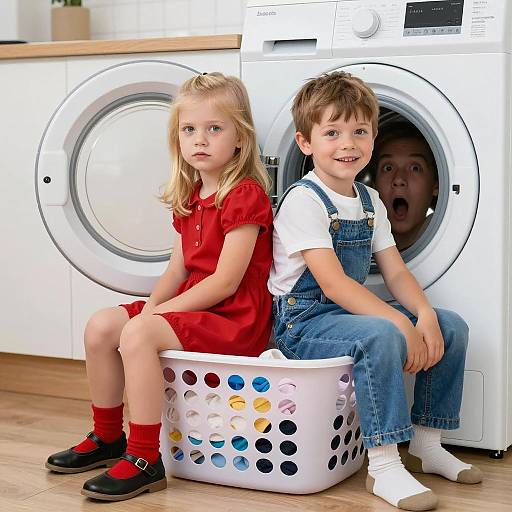 Children's Portrait by Washing Machine