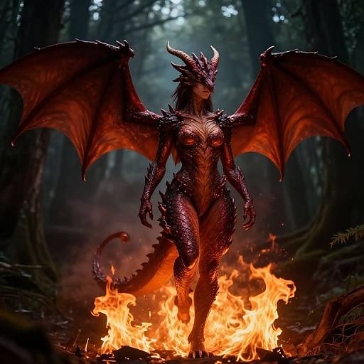 Digital artwork of a fierce, red-scaled dragon woman with large wings standing in front of a blazing fire in a dark forest.