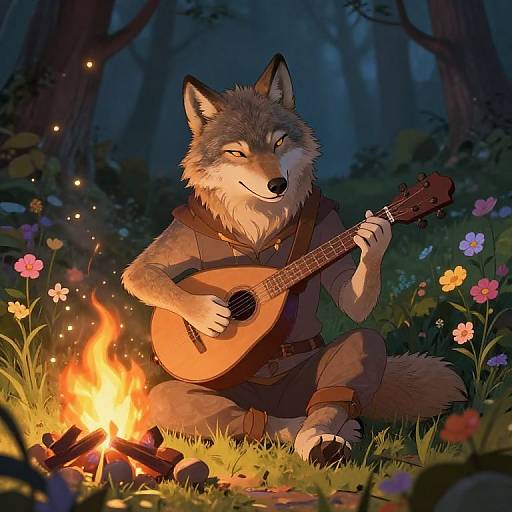 Anthropomorphic wolf with gray fur, yellow eyes, wearing brown tunic, playing acoustic guitar by a campfire in a moonlit forest with colorful