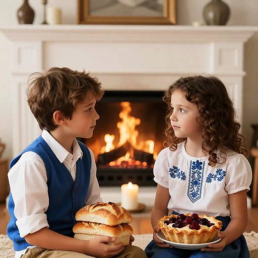 Cozy Children by the Fireplace