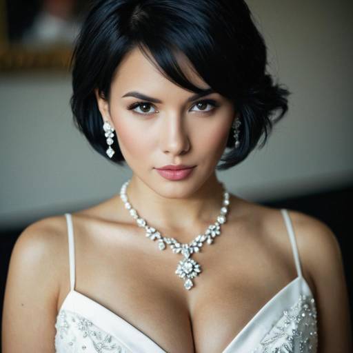 Elegant bride with short black hair and jewelry