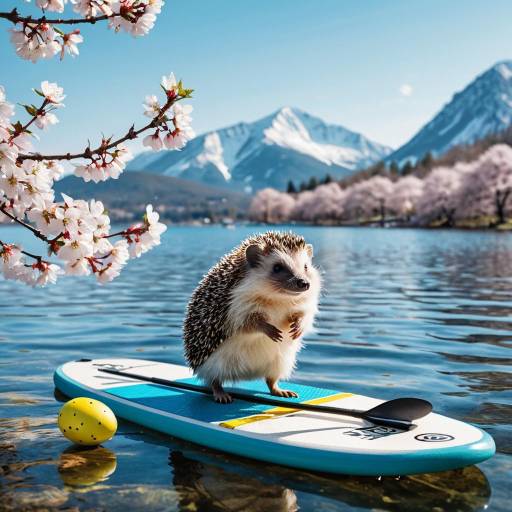 Hedgehog on Paddleboard in Mountain Lake