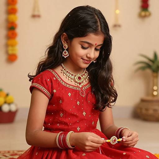Photograph of a young Indian girl with long black hair, wearing a red traditional dress with gold embroidery, adorned with jewelry, focusing on a henna