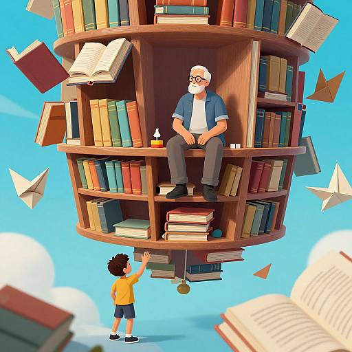 Digital illustration: elderly white man with glasses and beard, sitting in floating wooden bookshelf, while young boy in yellow shirt lifts it. Books and paper