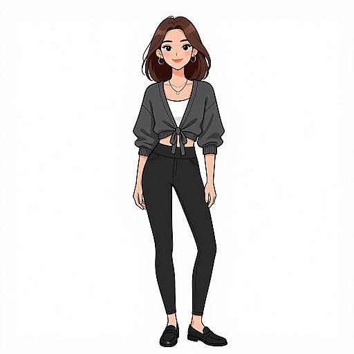 Digital anime-style drawing of a young woman with brown hair, wearing a black tied-knot blouse, black pants, and black flats.