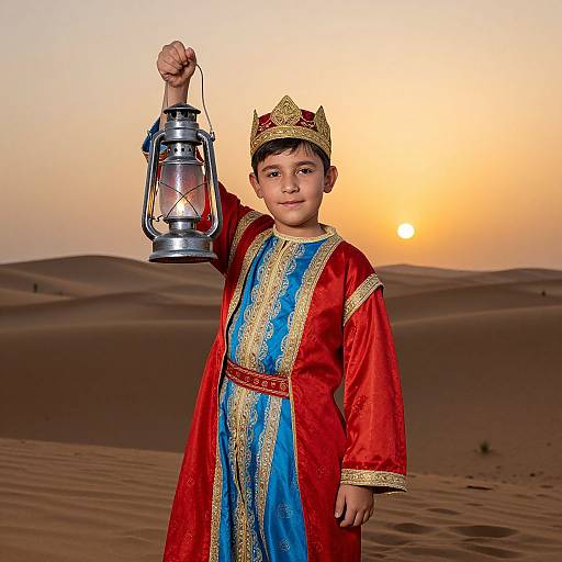Photograph of a young boy in a red and blue royal outfit with gold trim, holding a lantern, standing in a desert at sunset.