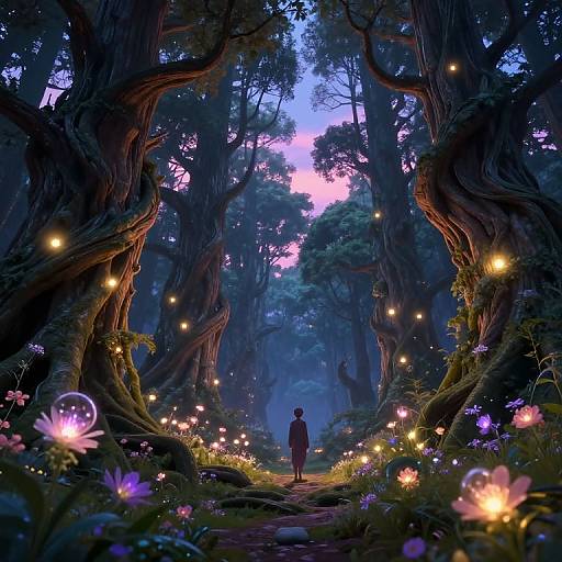 Fantastical forest scene at twilight, glowing fireflies, enchanted trees, silhouetted figure, vibrant flowers, magical pathway, digital art.