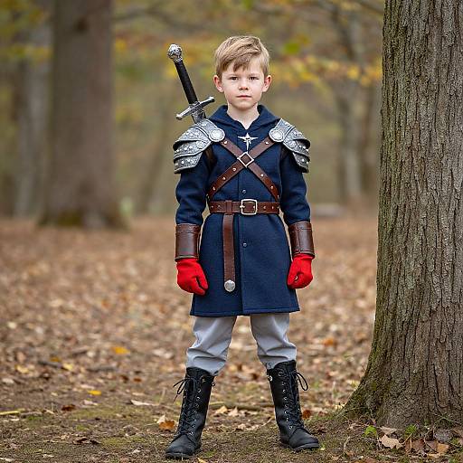 Photograph of a young boy in a blue medieval-style coat with red gloves, gray pants, black boots, and a sword on his back, standing