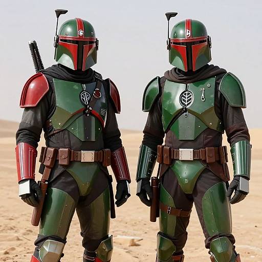 Digital artwork of two Mandalorian stormtroopers in green armor with red accents, black bodysuits, and blasters, standing in a desert.