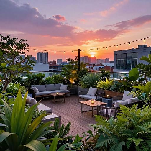 Urban Rooftop Garden at Sunset