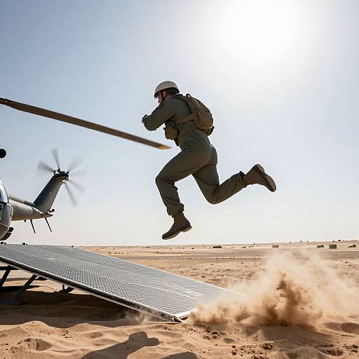 Photograph of a soldier in full gear mid-air jump from a helicopter, landing on a solar panel in a desert. Bright sunlight, sandy ground,
