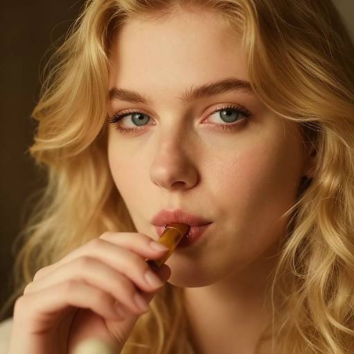 Close-up photograph of a young blonde woman with blue eyes, lightly freckled face, and wavy hair, delicately biting a brown stick candy