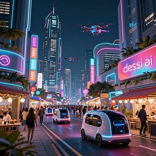 Neon-lit futuristic city street at night with flying drones, autonomous cars, bustling pedestrians, vibrant signage, and modern skyscrapers. Photoreal