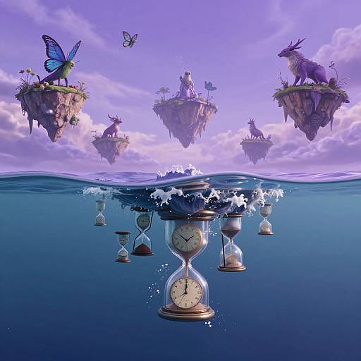 Fantasy scene: Above water, floating islands with creatures; below, submerged hourglass clocks. Butterflies, dragon, and purple sky in background.