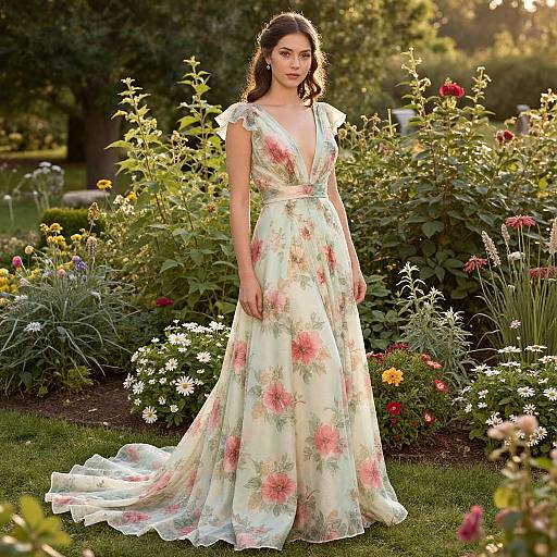 Young Woman in Vintage Floral Gown