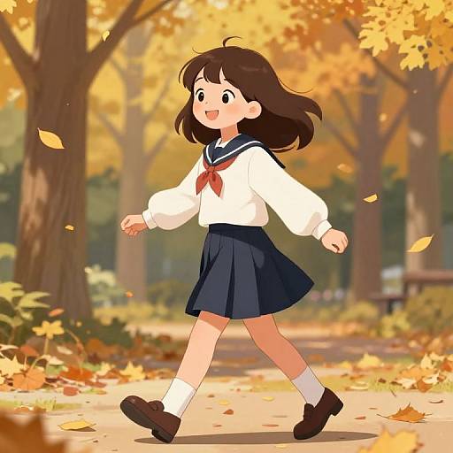 Playful Schoolgirl in Autumn Park
