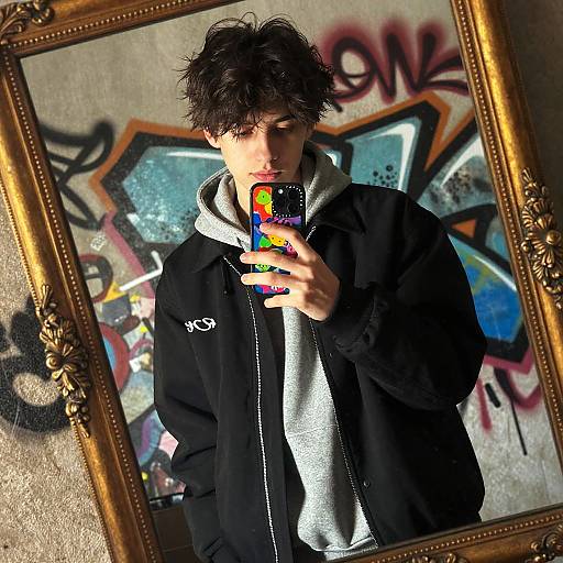 Photograph of a young man with messy dark hair, wearing a black jacket and gray hoodie, taking a mirror selfie in a graffiti-covered room, framed