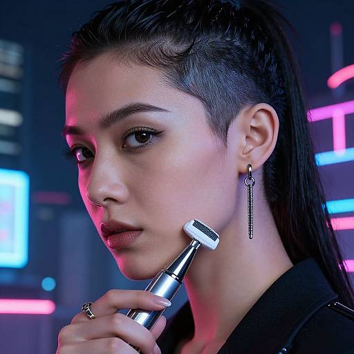 Photograph of a young woman with short, undercut hair, holding a silver hair trimmer against her jawline, wearing black earrings and a ring,