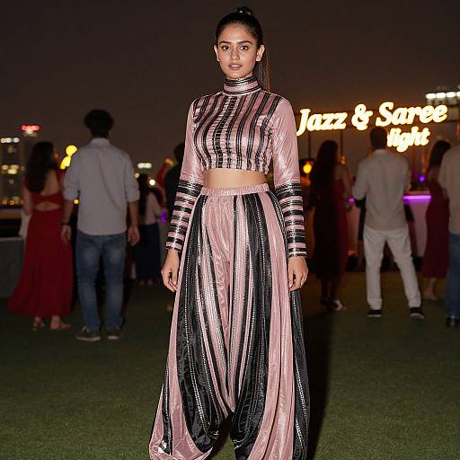 Photograph of a woman with dark hair in a high ponytail, wearing a pink and black striped, long-sleeve crop top and high-w